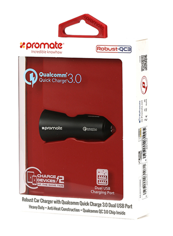 Promate Robust-QC3 Car Charger, Heavy-Duty Qualcomm Quick Charger 3.0 Dual USB Port Car Charger with Short Circuit and Over Charging Protection for GPS, iPod, Mobile Phones and Tablets, Black