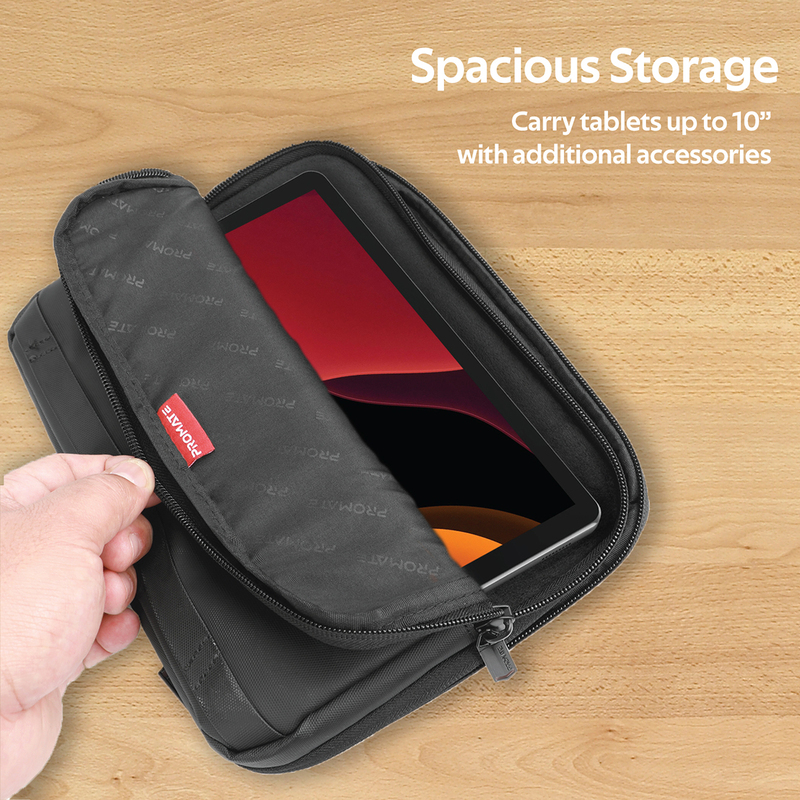 Promate Padmate Travel Organizer Tablet Case for Tablets upto 10 Inch, Water-Resistant with Anti-Theft Secure Pockets and Carry Strap for Tablets/Travel/Accessories, Black/Grey