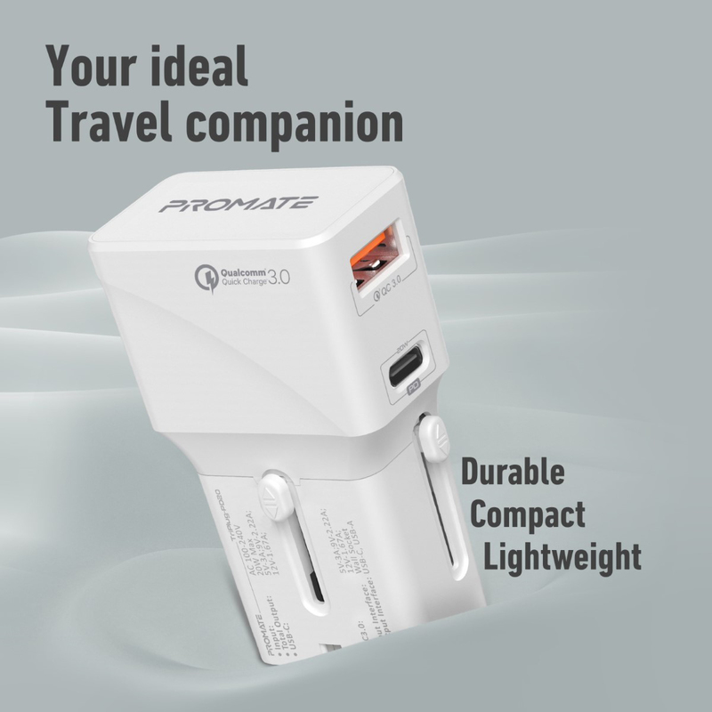 Promate International Travel Adapter US, EU, UK, AUS Wall Charger with 20W Type-C PD Port, QC 3.0 USB Port, TriPlug-PD20, White
