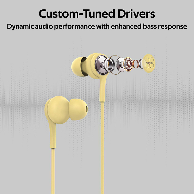 Promate Duet 3.5mm Jack In-Ear Hi-Res Noise Isolating Earphones with Built-in Mic, Yellow