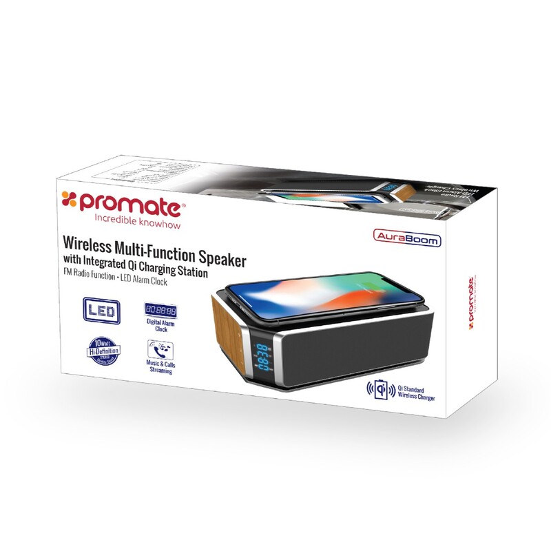 Promate AuraBoom Bluetooth Speaker, Powerful 10W with Qi Wireless Charging Station, TF Card Slot, Audio Jack, Built-In Mic, LED Alarm Clock, Time Display and FM Radio, Beige