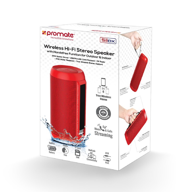 Promate Silox True Wireless Stereo Speaker, Portable Bluetooth 20W with IPX6 Water Resistant, FM Radio, Micro SD Card Slot, USB Port, Audio Jack and Built-In Mic, Red
