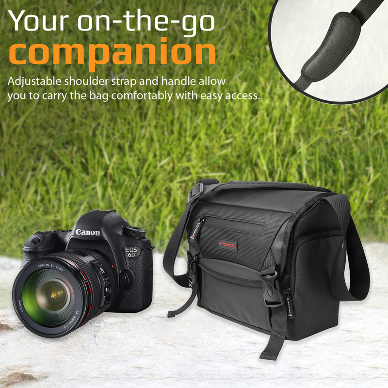 Promate Arco Medium DSLR Messenger Bag for Camera/Camcorder/Lens, with Durable Shock Resistant, Shoulder Strap, Adjustable Foam Padded Compartments and Rain Cover, Black