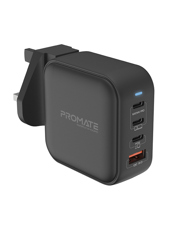 Promate GaN UK + EU Plug Wall Charger, with Dual USB Type-C Adapter, GaNPort4-100PD, Black