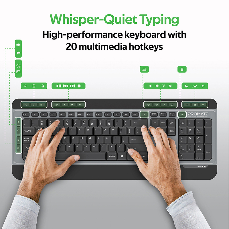 Promate ProCombo-9 Sleek 2.4Ghz Wireless Multimedia Full Size English Keyboard and Quite 1600 DPI Mouse Combo with Low Battery Indicator, Nano USB Receiver and Auto Sleep Function, Black