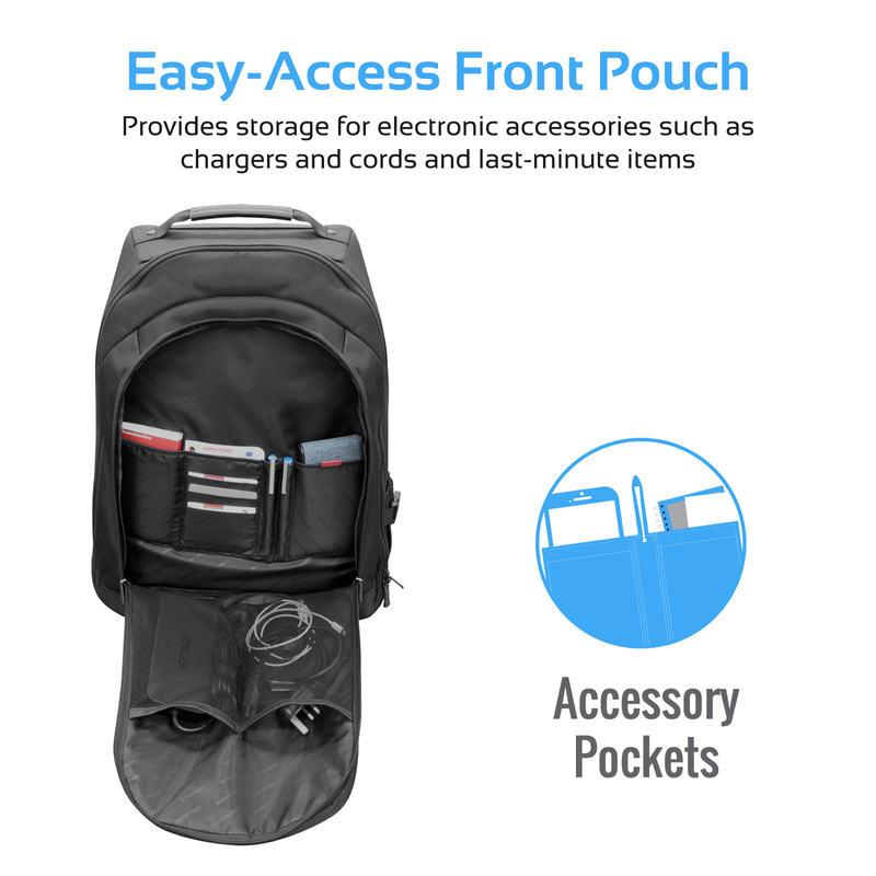Promate Rover-TR Trolley Laptop Bag, 2-In-1 Portable Rolling with Adjustable Straps, Secure Storage Compartment and Water-Resistant for Laptop Up To 15.6 Inch, Black