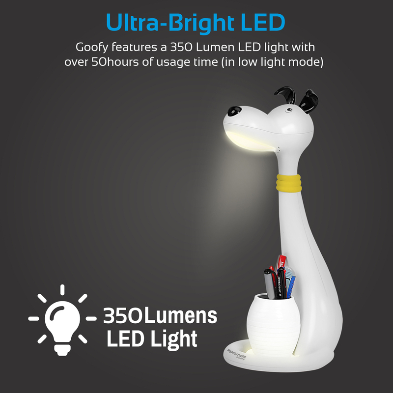 Promate Goofy Kids Night Light, Portable Pen-Holder Touch Sensitive LED Night Light, 3 Level Dimmable Reading Light, 3 Colour, Eye Safe Soothing Light for Studying/Reading/Table/Home, White