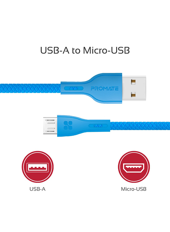 Promate 1.2-Meter PowerBeam-M Micro-USB Cable, 2A Fast USB A 2.0 Male to Micro-B USB, High-Quality Anti-Break, Charge/Sync, Anti-Tangle Cable for Samsung/HTC/Motorola/Nokia/MP3 Player, Blue