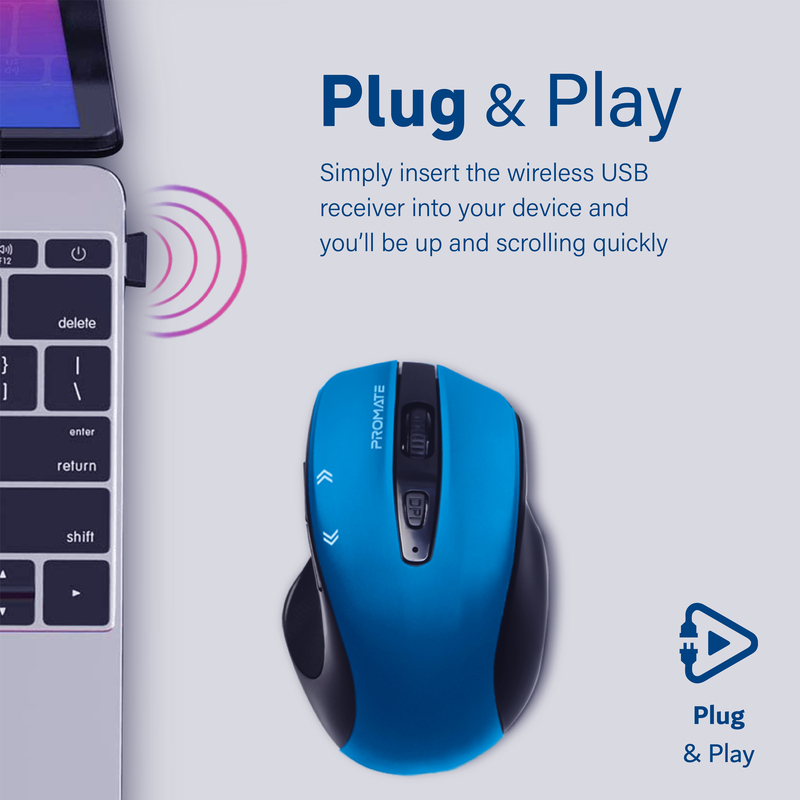 Promate EZGrip Wireless Optical Ergonomic Mouse, Blue