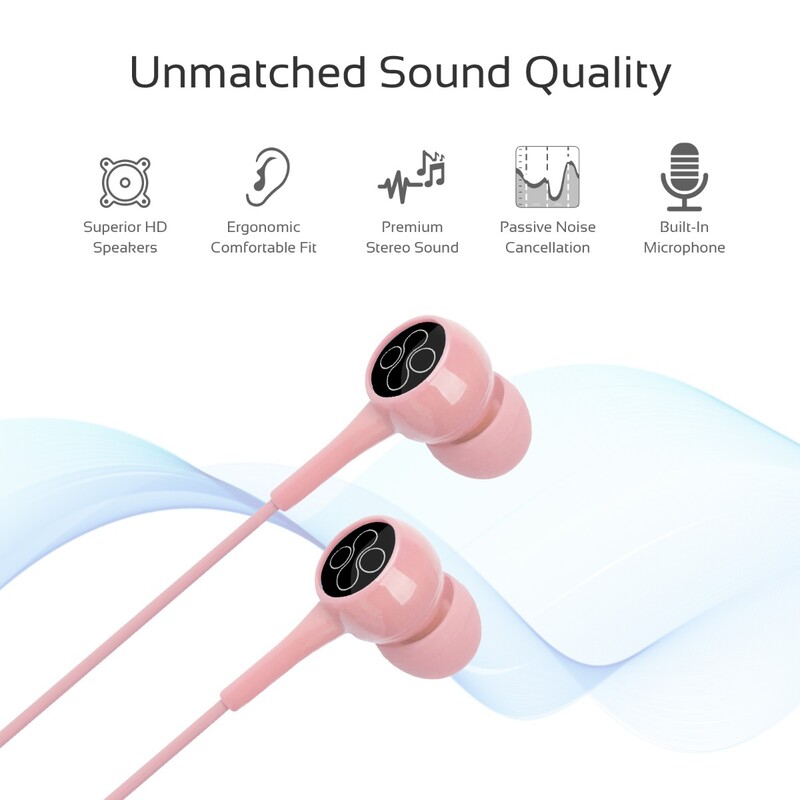 Promate Bent In-Ear Headphones, Premium 3.5mm Stereo Wired Earphones with Built-In Microphones, Tangle Free Cord and Noise-Isolation, Pink