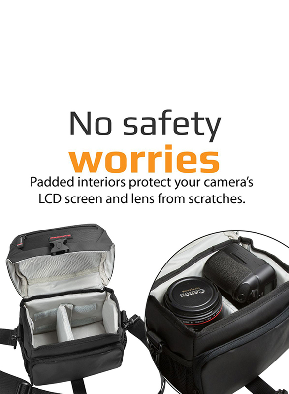 Promate Arco Small DSLR Shoulder Bag for Mirrorless DSLR/SLR/Lens/ Camcorders, with Shockproof, Adjustable Foam Padded Divider, Quick Access Pocket and Rain Cover, Black