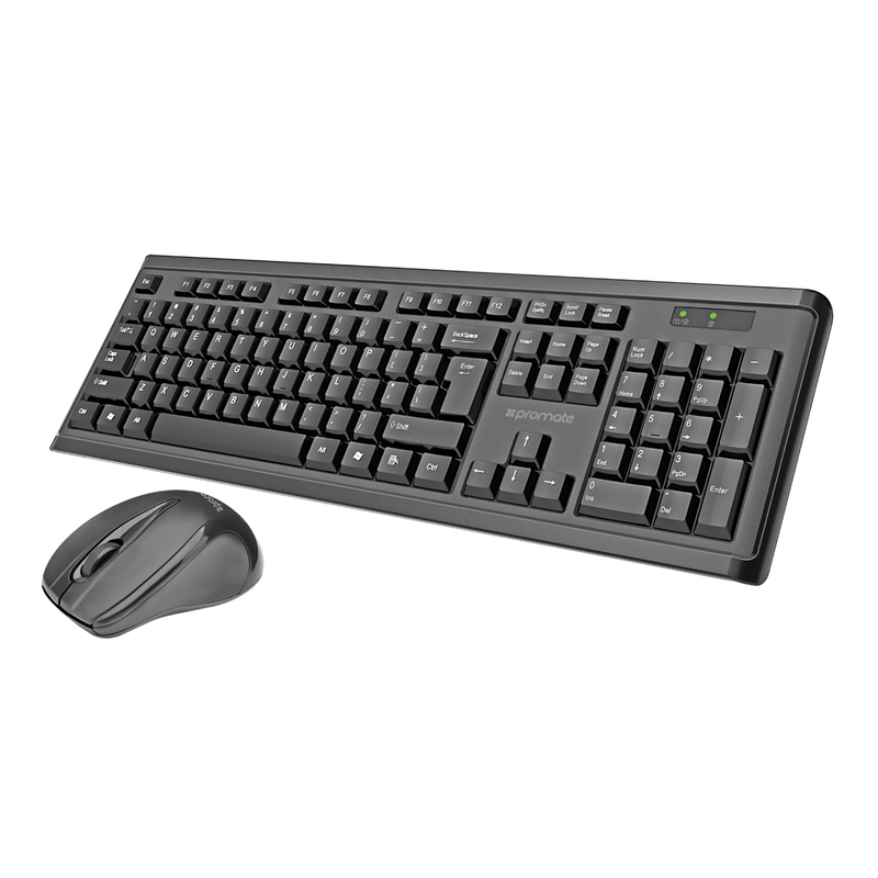 Promate ProCombo-3 Wireless Keyboard and Mouse, Full-Size Super-Slim 2.4GHz Cordless with Nano USB Receiver and Auto Sleep, Black
