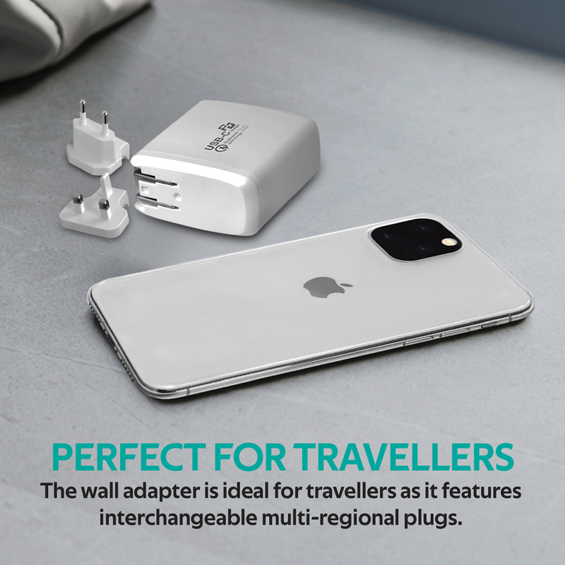 Promate PowerCore 60 Wall Charger, Premium Fast Charging 60W Type-C, with Ultra-Fast Qualcomm Quick Charge 3.0 Port and Multi-Regional Plugs, White