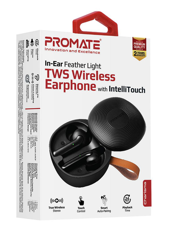 Promate Charisma True Wireless In-Ear Earbuds, Bluetooth 5.0, Stylish TWS Stereo with Touch Control, Charging Case, Anti-Drop Ear Hooks, 24H Playtime and Built-In Mic, Black