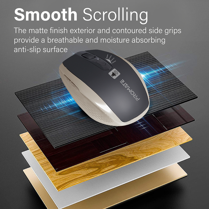 Promate Silent Wireless Optical Mouse with 6 Programmable Buttons, Breeze Gold