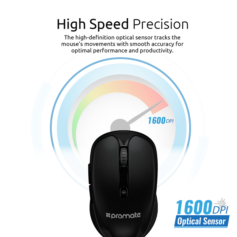 Promate CLIX-4 2.4Ghz Multimedia Wireless Optical Mouse, USB Adapter for Windows, Mac, Black