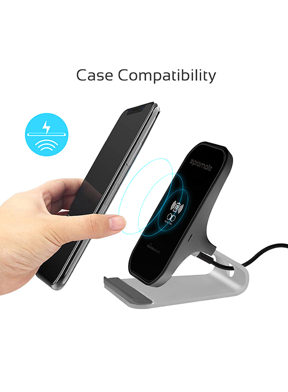 Promate AuraDock-6 Qi Wireless Charging, Fast 15W Wireless Charging Pad Stand with Dual Charging Coil, QC 3.0 Wall Charger, USB-C Sync Charge Cable and Multiple Charging Area, for Mobile Phones, Grey