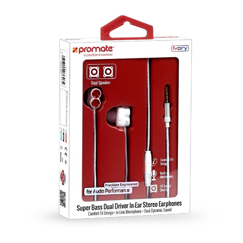 Promate Ivory In-Ear Earphones, Premium Dual-Driver Stereo Earbuds with Dual Dynamic Sound, Built-In Microphone, Anti Tangle Cords and Noise Isolation, Maroon