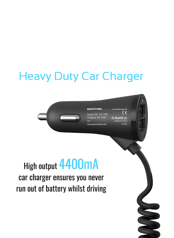 Promate ProCharge-C2 Car Charger, Fast 3.4a Dual USB Car Charger with Built-in 1.8m USB Coiled Cable, LED Indicator and Over-Heating Protection for GPS, MP3 Player, Mobile Phones and Tablets, Black