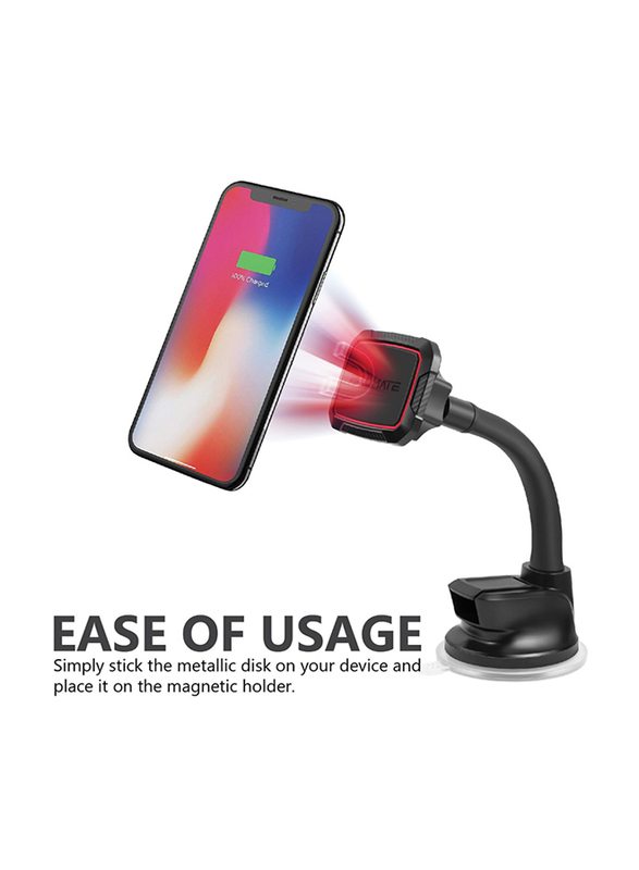 Promate MagMount Magnetic Car Mount Holder, Universal 360 Rotation Windshield or Dashboard Suction Cup Phone holder with 6 Strong Magnetic, Flexible Gooseneck and Anti-Slip Grip, Maroon