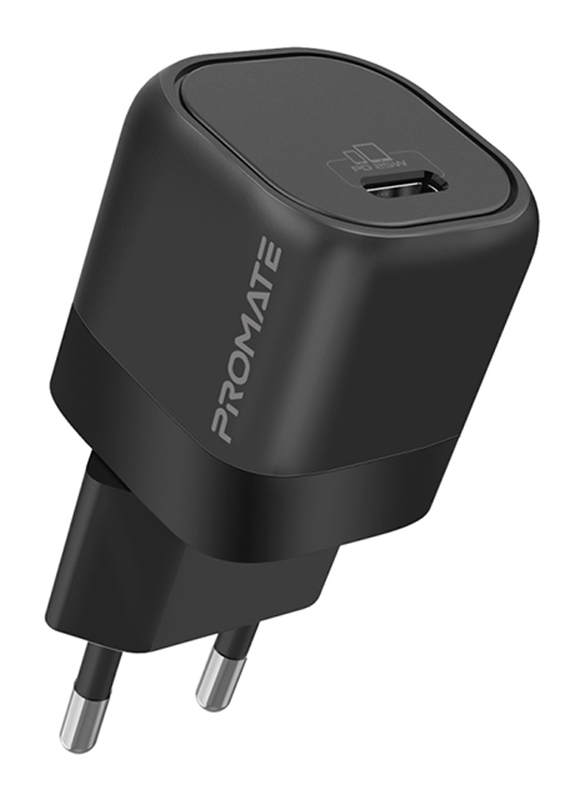 Promate GaN Ultra-Compact USB-C EU Wall Charger with Fast-Charging USB-C 25W Power Delivery Port, PowerPort-25, Black