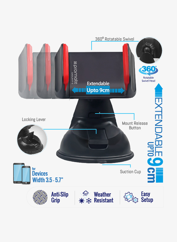 Promate Mount-2 Car Holder, Car Mount Holder for Smartphone and GPS, Red