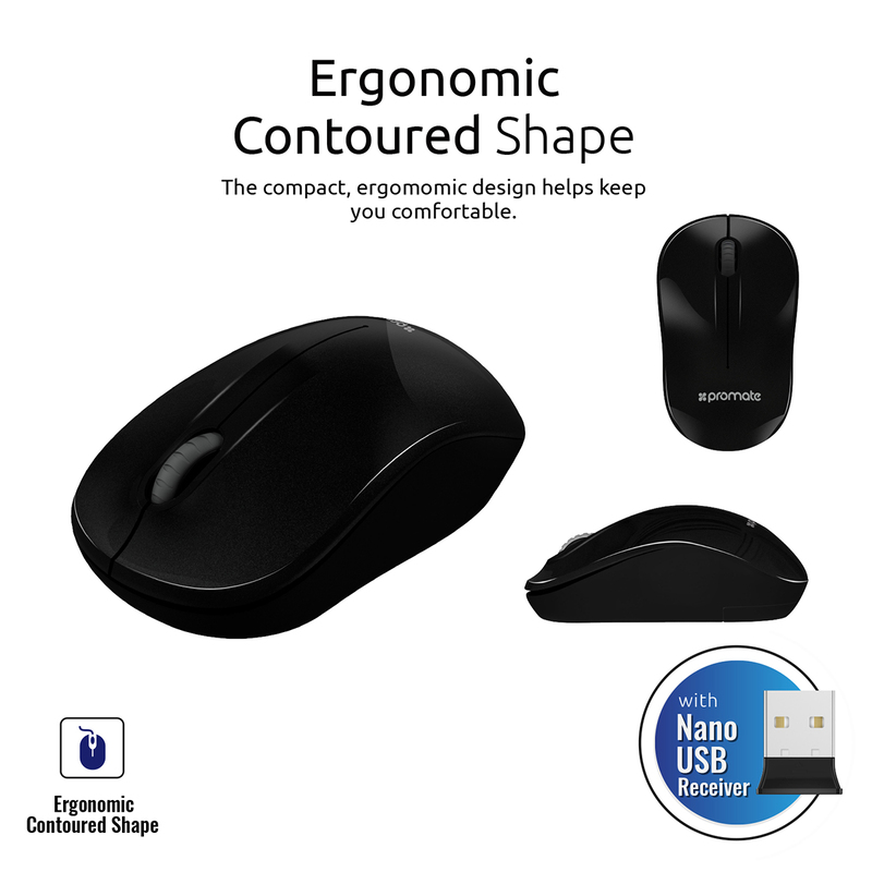 Promate CLIX-1 2.4Ghz Optical Wireless Mouse, Nano Bluetooth USB Receiver, 15 Meter Working Range, Black