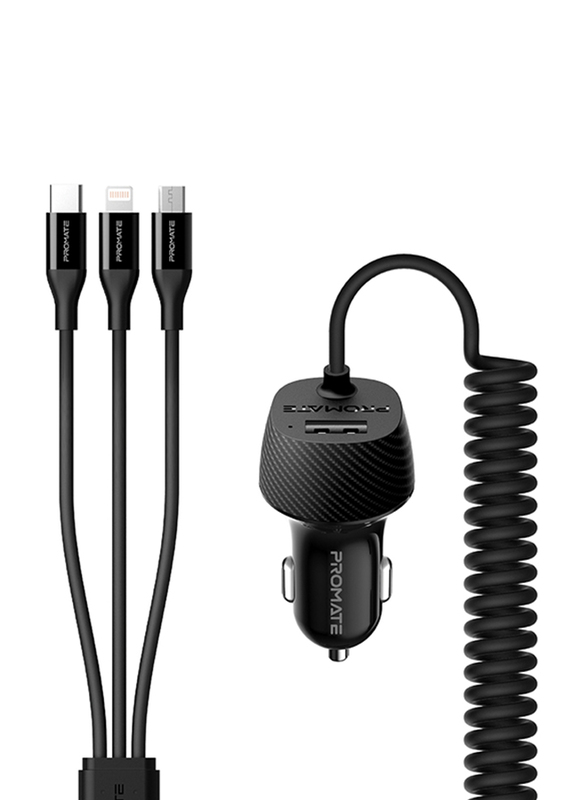 

Promate VolTrip-UNI USB Car Charger with Cord, 3.4A Quick Charger Adapter with Built-In 3-in-1 Splitter USB-C, Micro-USB Charging Cable and 2.4A USB P