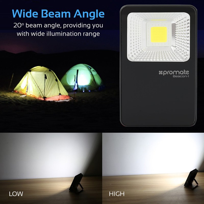 Promate Beacon-1 LED Flood Light, Ultra-Bright Wireless, 5400mAh Rechargeable Power Bank, IP54 Water and Dust Resistance, Foldable Stand for Emergency/Hiking/Camping, Black