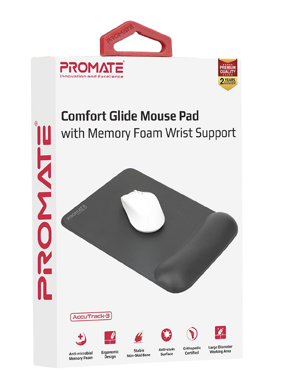 Promate Accutrack-3 Mouse Pad for Laptops/Desktop, Ergonomic Non-Slip with Anti-Microbial Memory Foam Wrist Support & Large Accurate Tracking Surface, Black