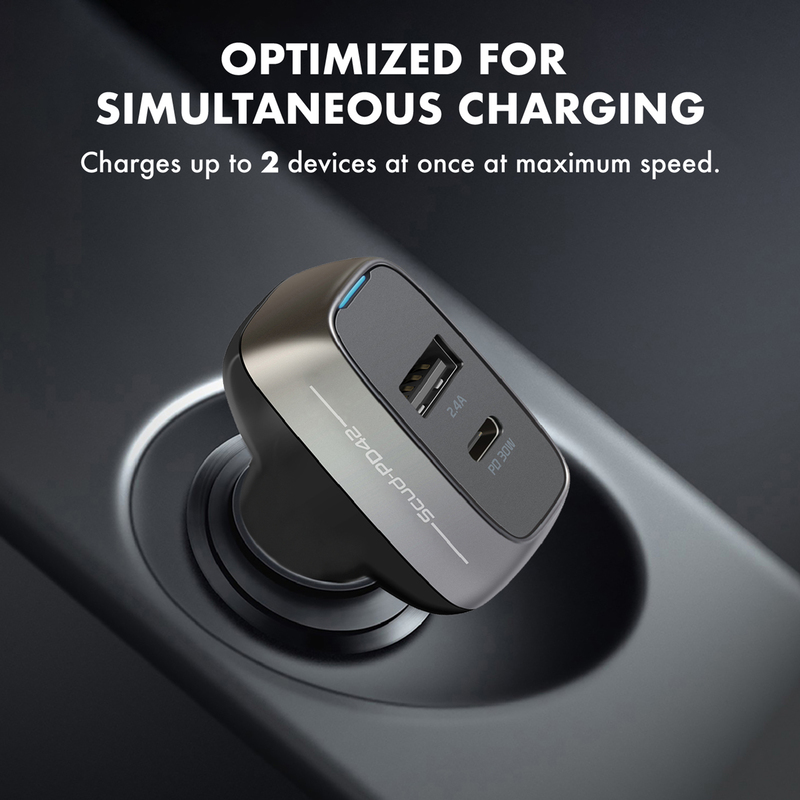 Promate Scud-PD42 Type-C Power Delivery Car Charger, 42W Fast Charging Cigarette Lighter Outlet Adapter with 5V/2.4A USB Port and Over-Charging Protection, for Laptops, Mobile Phones, iPad Pro, Black