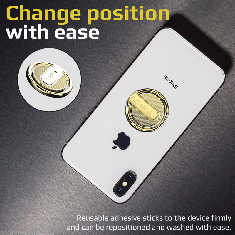Promate Multifunction Kickstand Finger Ring Phone Holder with Advanced Reusable Adhesive for Smartphones, RinGrip-1, Gold