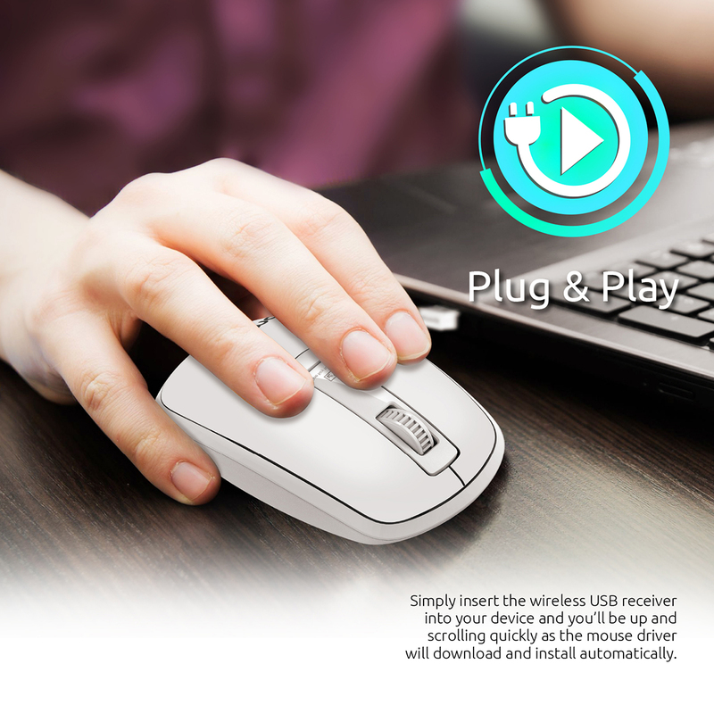 Promate CLIX-3 2.4 Ghz USB Wireless Ergonomic Mouse, Precision Scrolling for Windows Mac, White