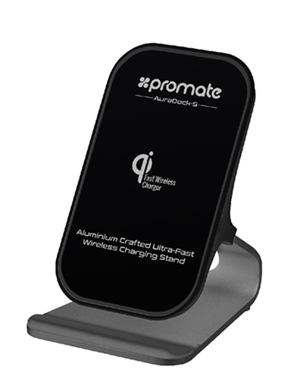 Promate AuraDock-5 Type-C Wireless Charger, Qi-Certified Dual Coil Aluminium 10W Single Port Charger Stand with Qualcomm QC 3.0 Wall Adapter and USB Sync Charge Cable, for Mobile Phones, Grey