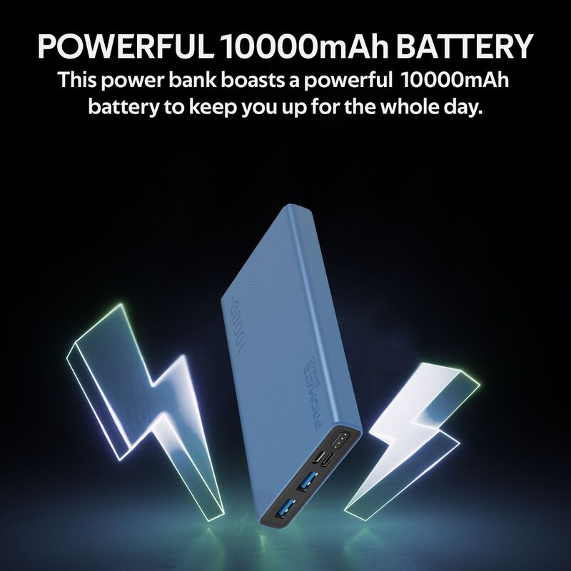Promate 10000mAh Bolt-10 Portable Fast Charging 2.0A Dual USB Premium Battery Power Bank, with Input USB Type-C Port, Over Charging Protection, Blue