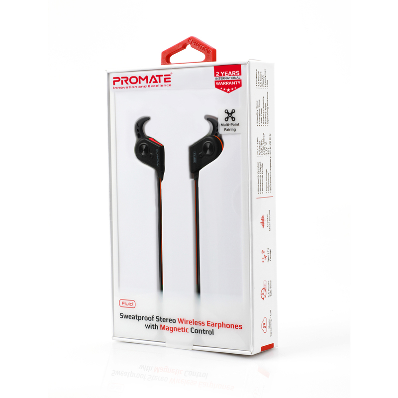 Promate Fluid Bluetooth Earphones, Wireless Bluetooth 4.1 Magnetic with HD Sound Quality, Sweatproof, Secure-Fit, Built-In Mic and Noise Isolation, Red