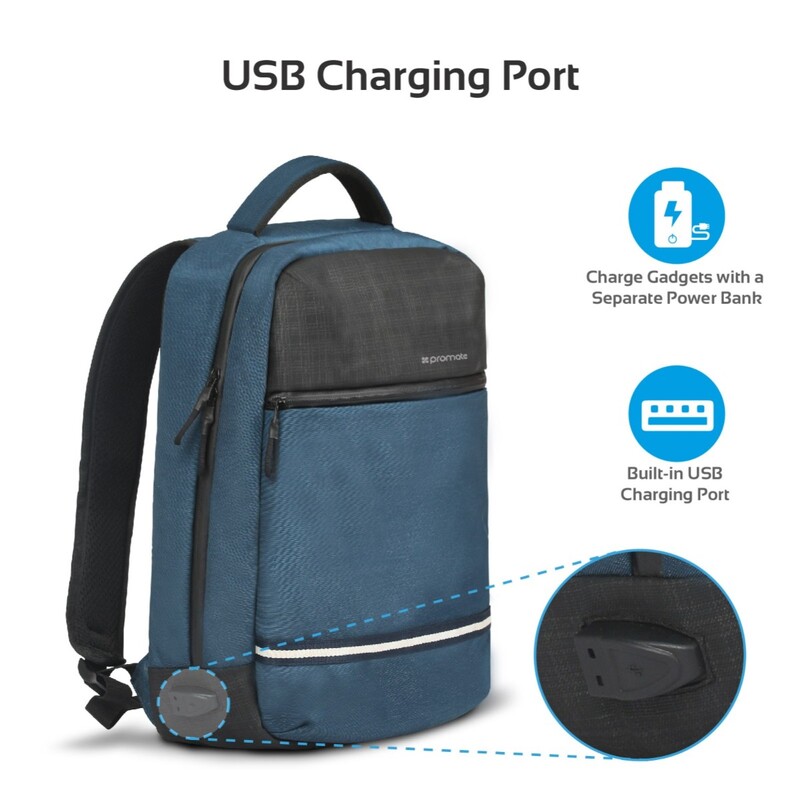 Promate Explorer-BP Travel Laptop Backpack, Anti-Theft Slim Durable for 13 Inch Laptop with Water Resistant, Soft Adjustable Padded Straps, Multiple Storage and USB Charging Port, Blue