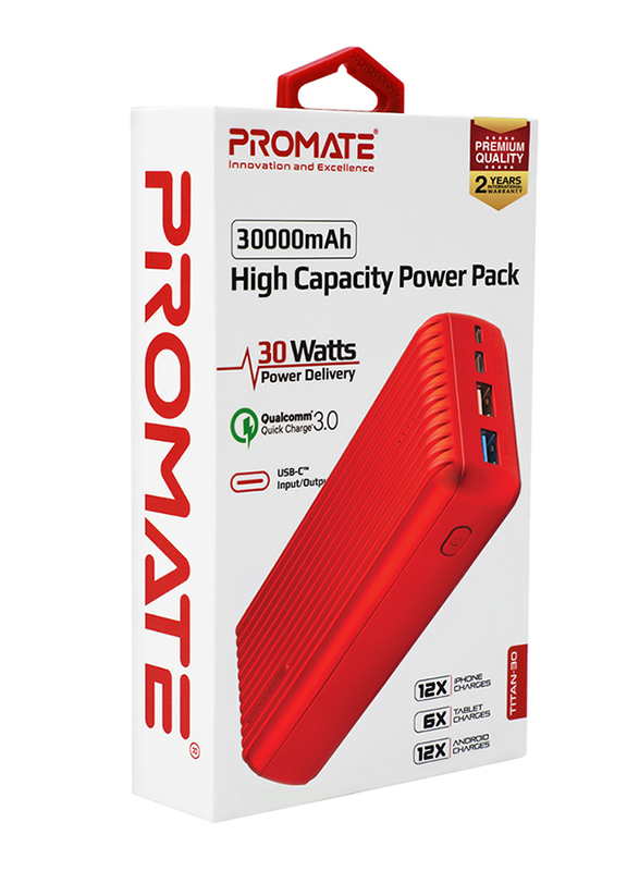 Promate 30000mAh Titan-30 USB-C Two Way 18W Portable Charger Power Bank, Qualcomm Quick 3.0 Port and Fat 2.4A USB Port, Red