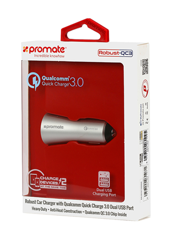 Promate Robust-QC3 Car Charger, Heavy-Duty Qualcomm Quick Charger 3.0 Dual USB Port Car Charger with Short Circuit and Over Charging Protection for GPS, iPod, Mobile Phones and Tablets, Silver