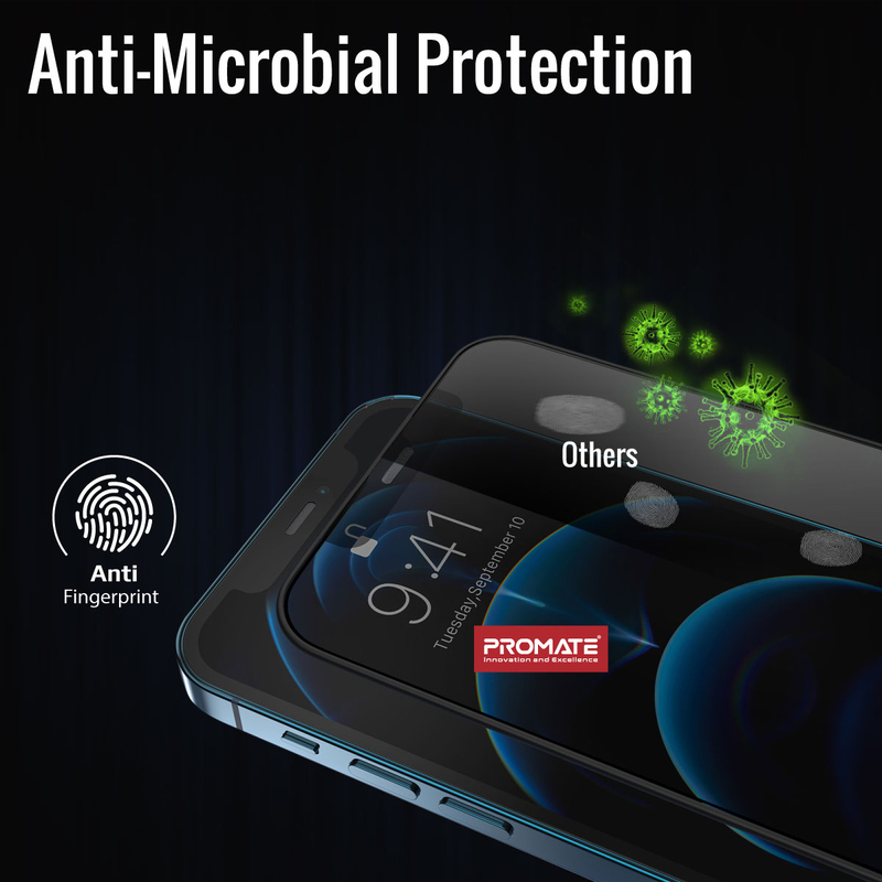 Promate Apple iPhone 12 Pro Max Crystal Clear Anti-Fingerprint 3D Screen Guard Protector, with Built-In Silicone Bumper, Anti-Blue light, 9H Hardness and Shatter Protection, Clear