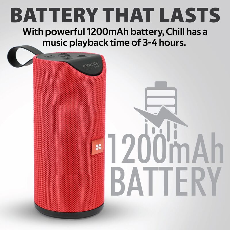 Promate Chill Portable Wireless Bluetooth v5.0 Stereo Speaker with 6W HD Sound, Built-In Mic, Micro SD Card Slot, In-Line AUX and 1200mAh Rechargeable Battery, Maroon