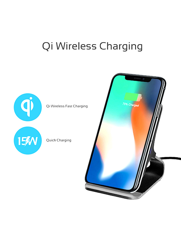 Promate AuraDock-6 Qi Wireless Charging, Fast 15W Wireless Charging Pad Stand with Dual Charging Coil, QC 3.0 Wall Charger, USB-C Sync Charge Cable and Multiple Charging Area, for Mobile Phones Black