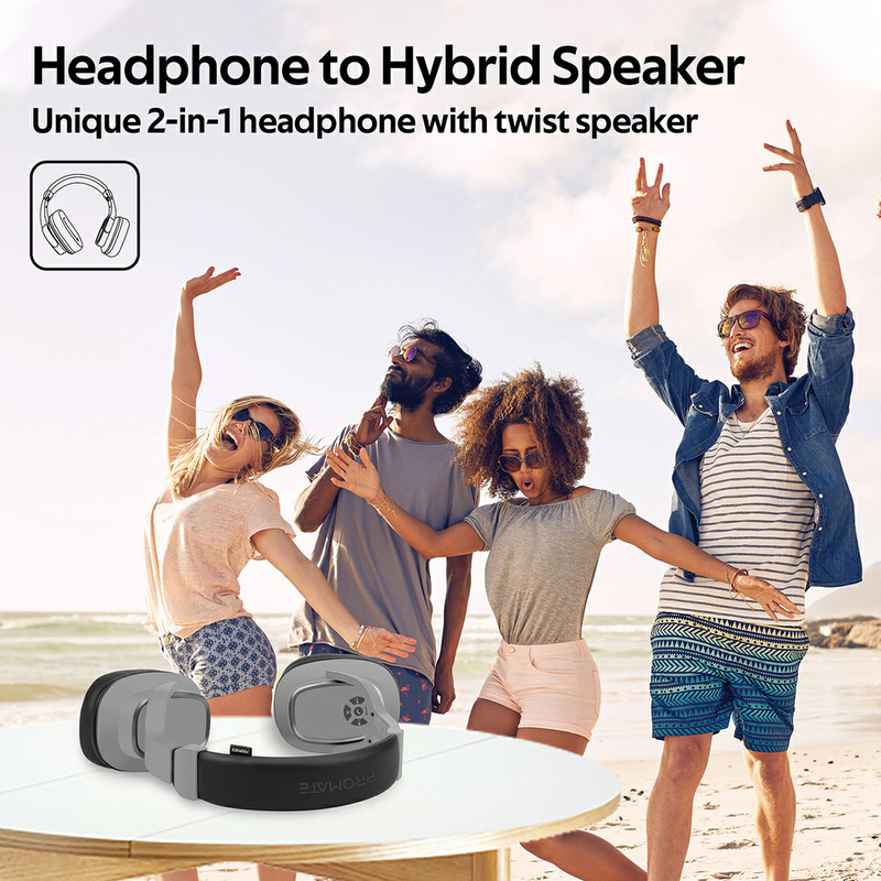 Promate Corvin Wireless 2-in-1 High Definition Over-Ear Headphones with Built-in Mic and 6W Speaker, MicroSD Card Slot, Grey