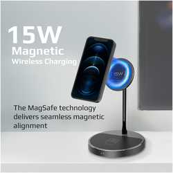 Promate 3-in-1 Magnetic Wireless Charging Stand with 5W Charging Pad and 20W PD USB Type-C Port, AuraBase-PD20, Black