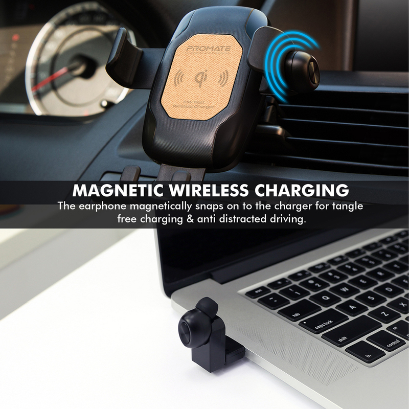 Promate AuraMount-BT Qi-Certified Wireless Car Charger, Auto Clamping 5W/7.5W/10W Fast Charger Car Mount with Wireless Mono Headset, Built-In Mic and 360 Degree Swivel Head, for Mobile Phones, Beige