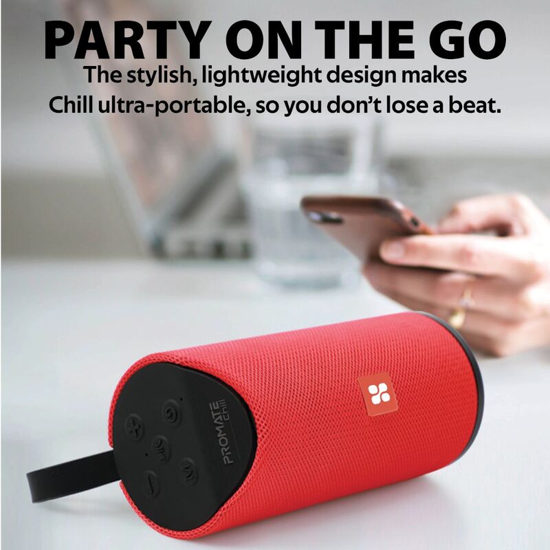 Promate Chill Portable Wireless Bluetooth v5.0 Stereo Speaker with 6W HD Sound, Built-In Mic, Micro SD Card Slot, In-Line AUX and 1200mAh Rechargeable Battery, Maroon
