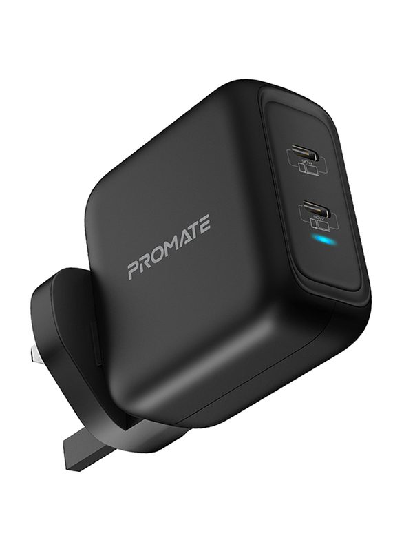 Promate GaNPort-90PD Dual USB-C Laptop Charger with Fast Charging GaN Technology Wall Adaptor for MacBook Pro/iPad Pro/iPhone 12 Series/iPad Air, Black
