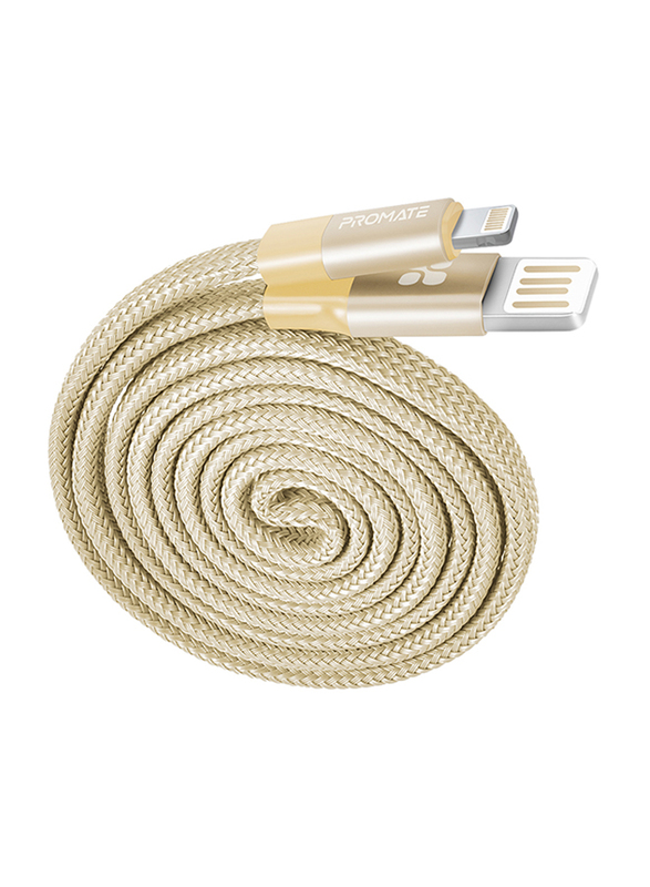 Promate 1.2-Meter Coiline-I Auto-Rolling Lightning Cable, Reversible USB-A Male to Lighting Cable, Durable Aluminium Alloy Auto-Rolling, 2A Fast Charge/Sync for All Apple Devices, Gold