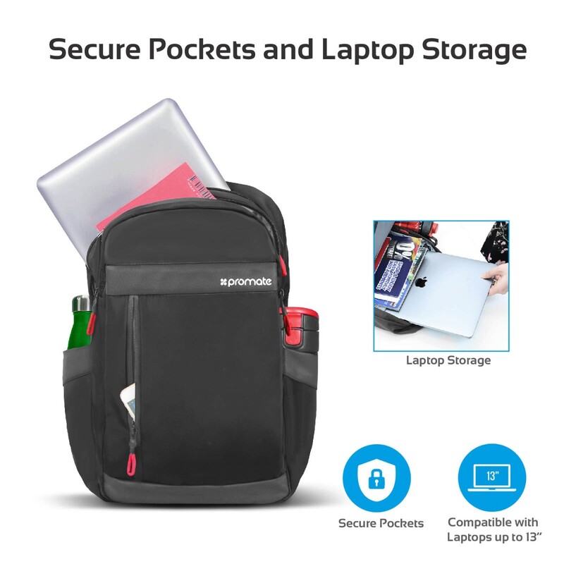 Promate Metro-BP Laptop Backpack, Multi-Purpose for 13 Inch Laptop with USB Charging Port, Multiple Storage, Adjustable Straps and Water Resistant, Black