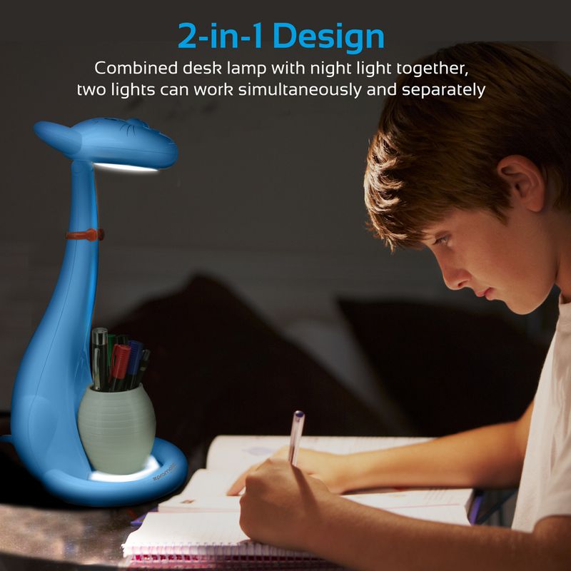 Promate Tom Kids Night Light, Portable Pen-Holder Touch Sensitive LED Night Light, 3 Level Dimmable Reading Light, 3 Colour, 180 Degree Rotatable Neck for Studying/Reading/Table/Home, Blue